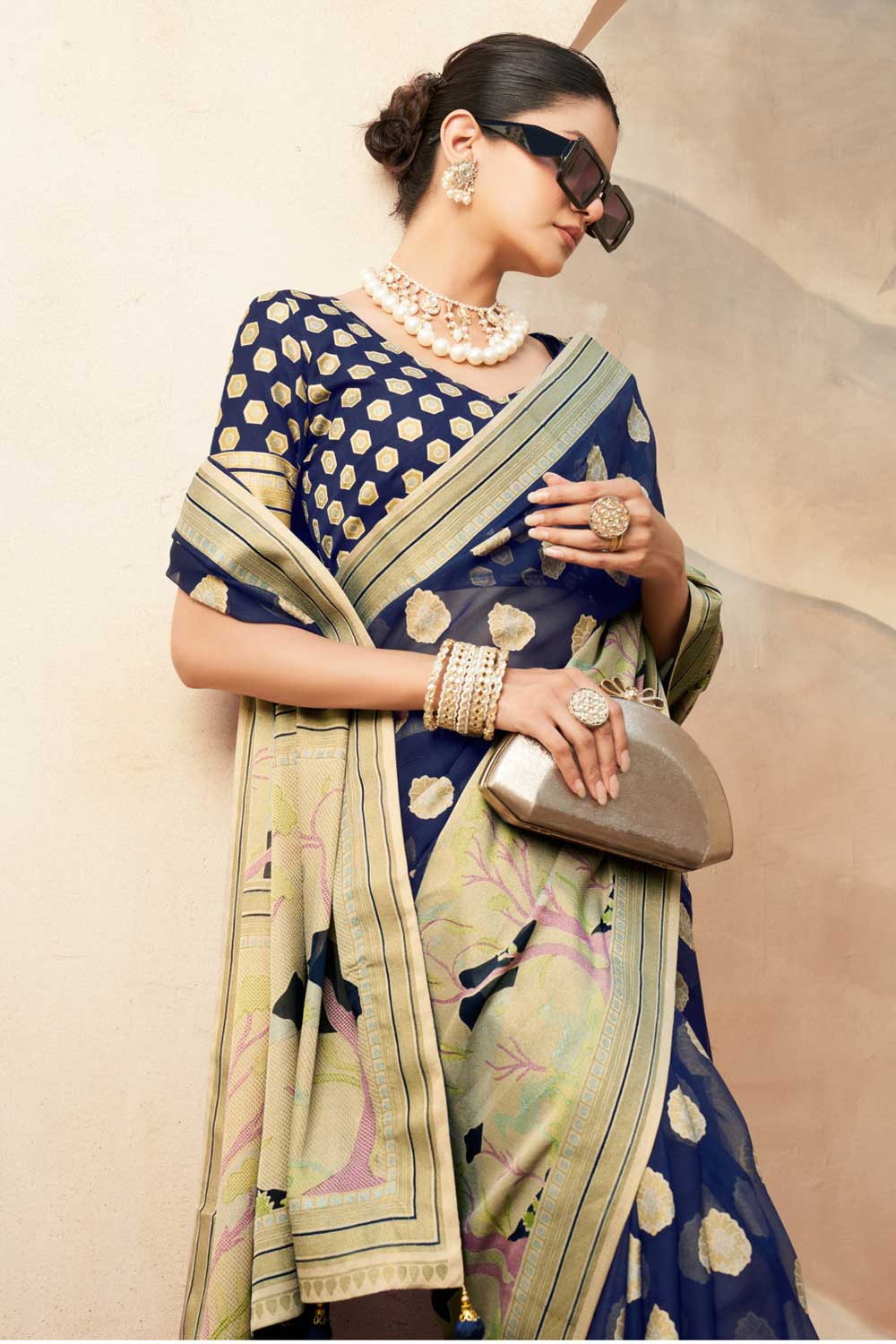 Mesmeric Navy Blue Color Printed Work On Saree In Georgette Fabric | Buy Online India