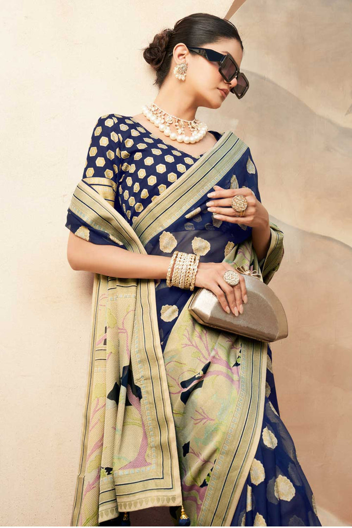 Mesmeric Navy Blue Color Printed Work On Saree In Georgette Fabric | Buy Online India