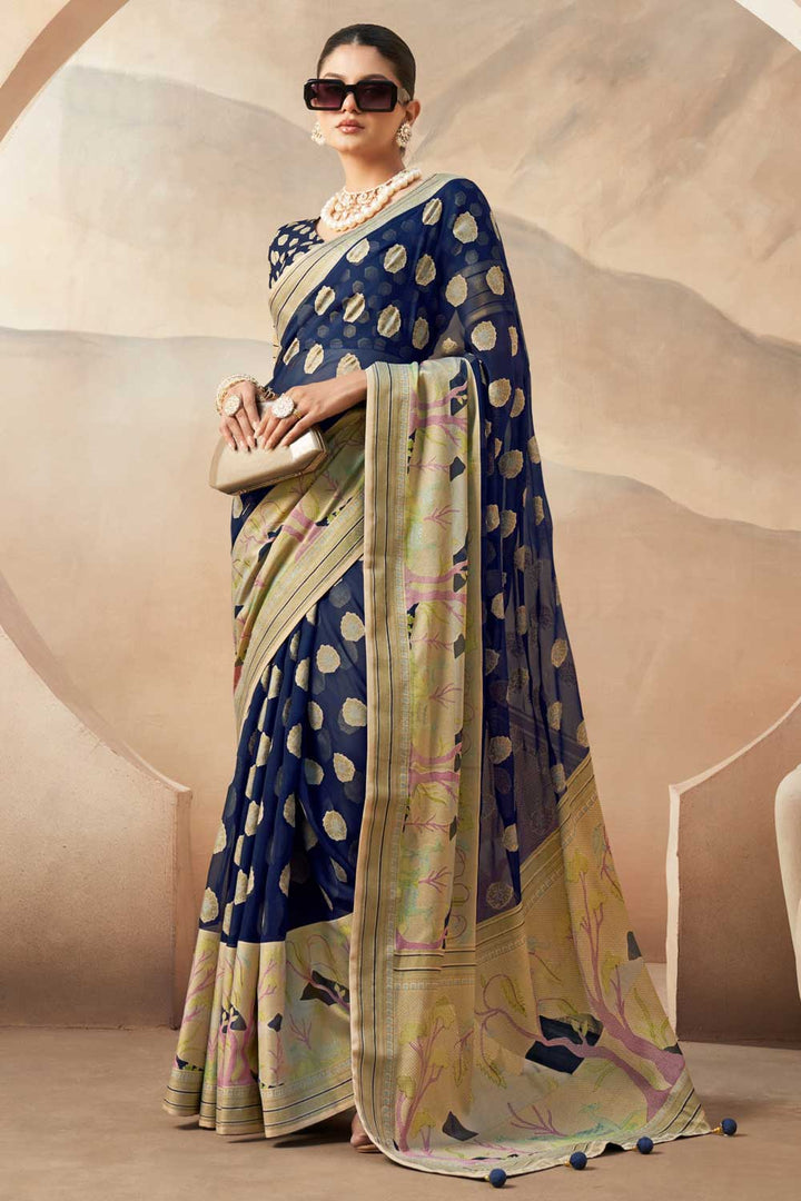 Mesmeric Navy Blue Color Printed Work On Saree In Georgette Fabric | Buy Online India