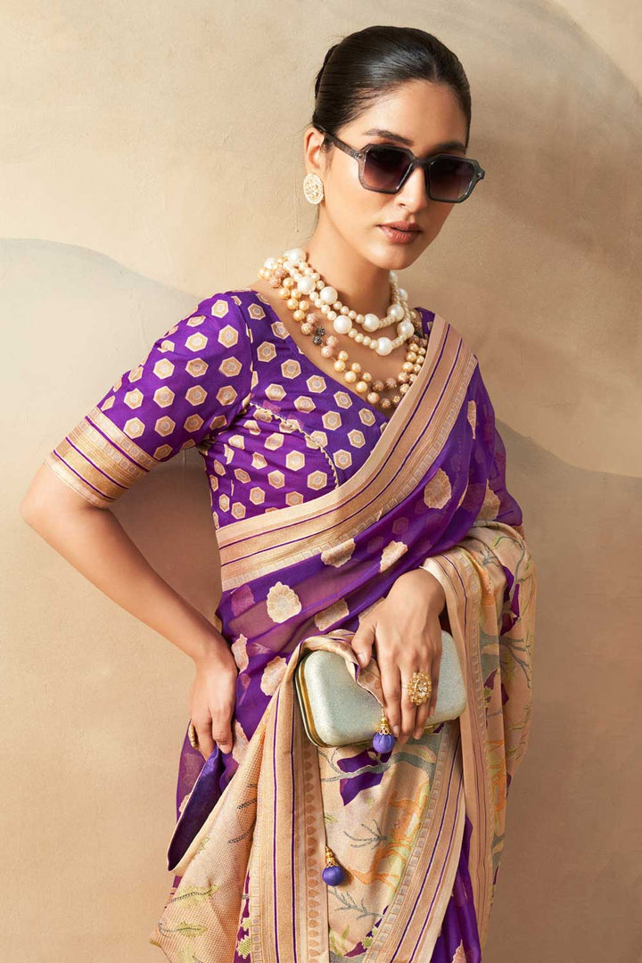 Radiant Printed Work On Purple Color Georgette Fabric Saree | Buy Online India