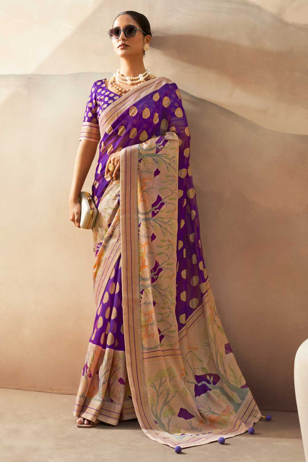 Radiant Printed Work On Purple Color Georgette Fabric Saree | Buy Online India