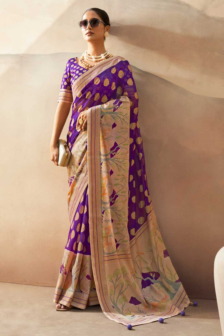 Radiant Printed Work On Purple Color Georgette Fabric Saree | Buy Online India