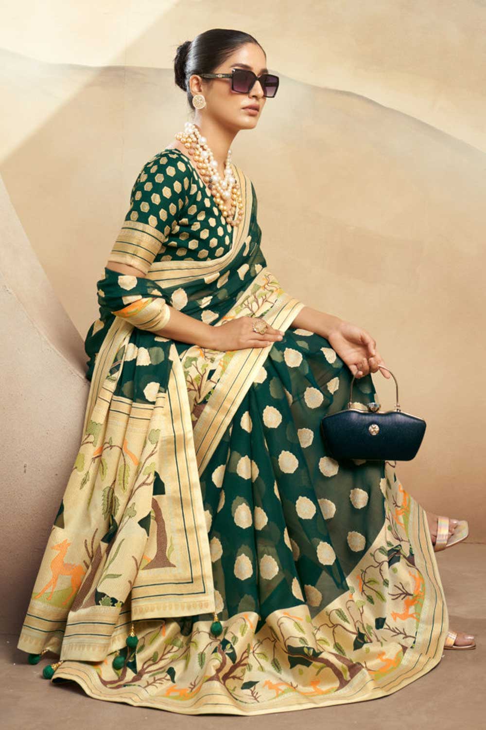 Excellent Georgette Fabric Dark Green Color Saree With Printed Work | Buy Online India