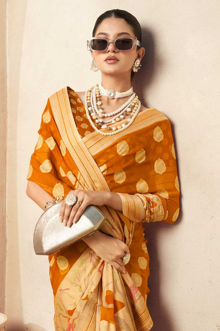 Mustard Color Printed Work On Georgette Fabric Beatific Saree | Buy Online India