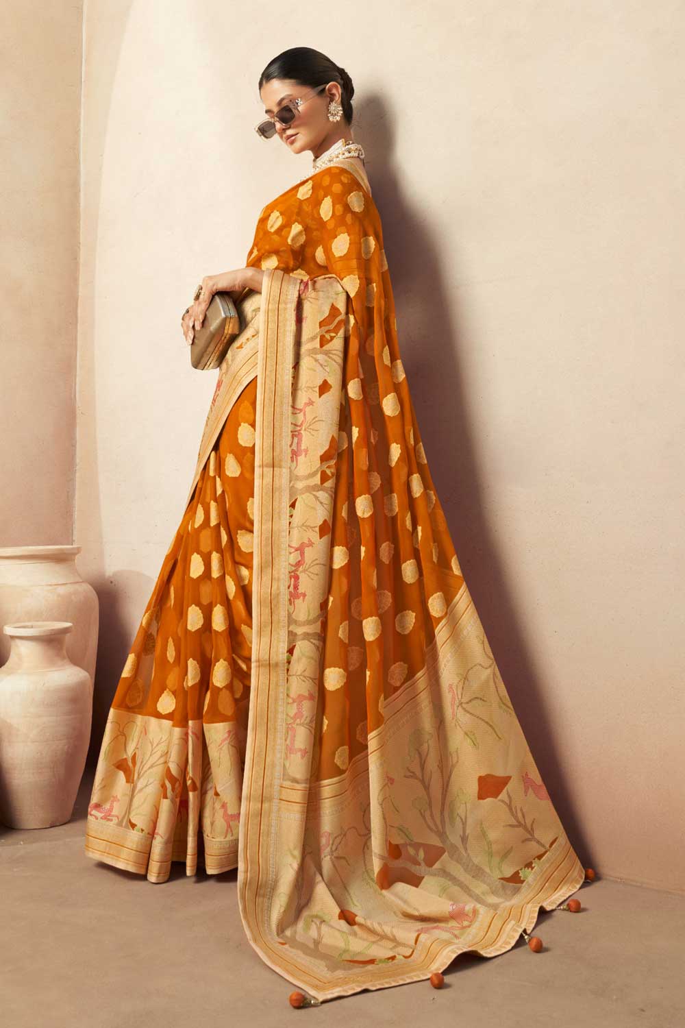Mustard Color Printed Work On Georgette Fabric Beatific Saree | Buy Online India