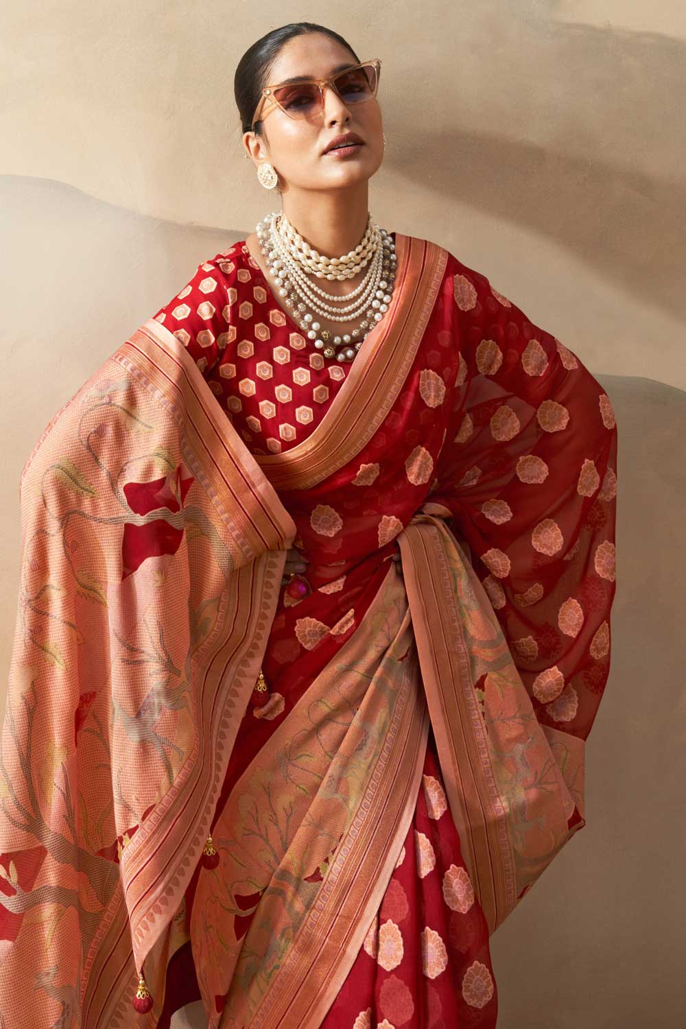 Beguiling Printed Work On Red Color Georgette Fabric Saree | Buy Online India