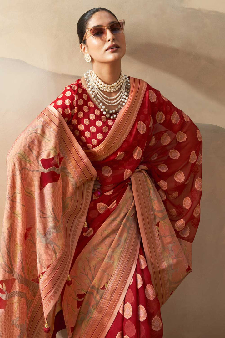 Beguiling Printed Work On Red Color Georgette Fabric Saree | Buy Online India