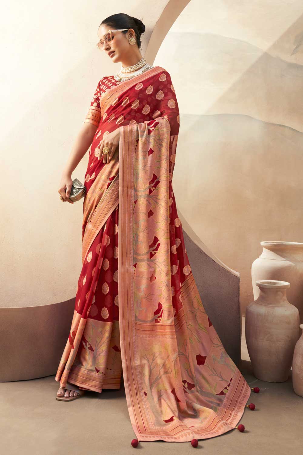 Beguiling Printed Work On Red Color Georgette Fabric Saree | Buy Online India