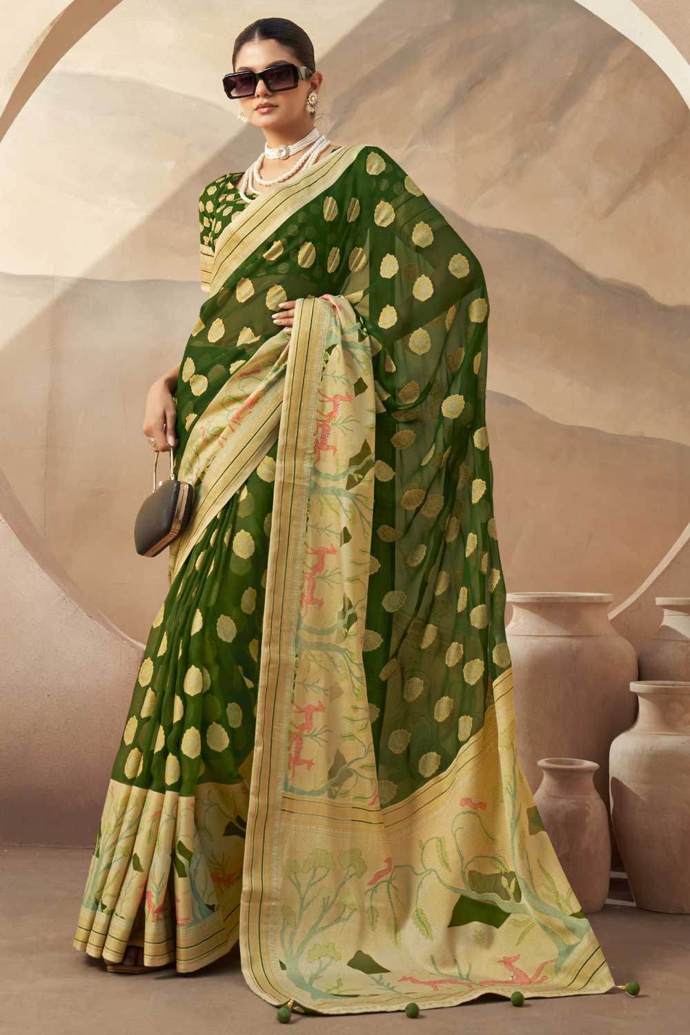 Incredible Printed Work On Georgette Fabric Green Color Saree | Buy Online India