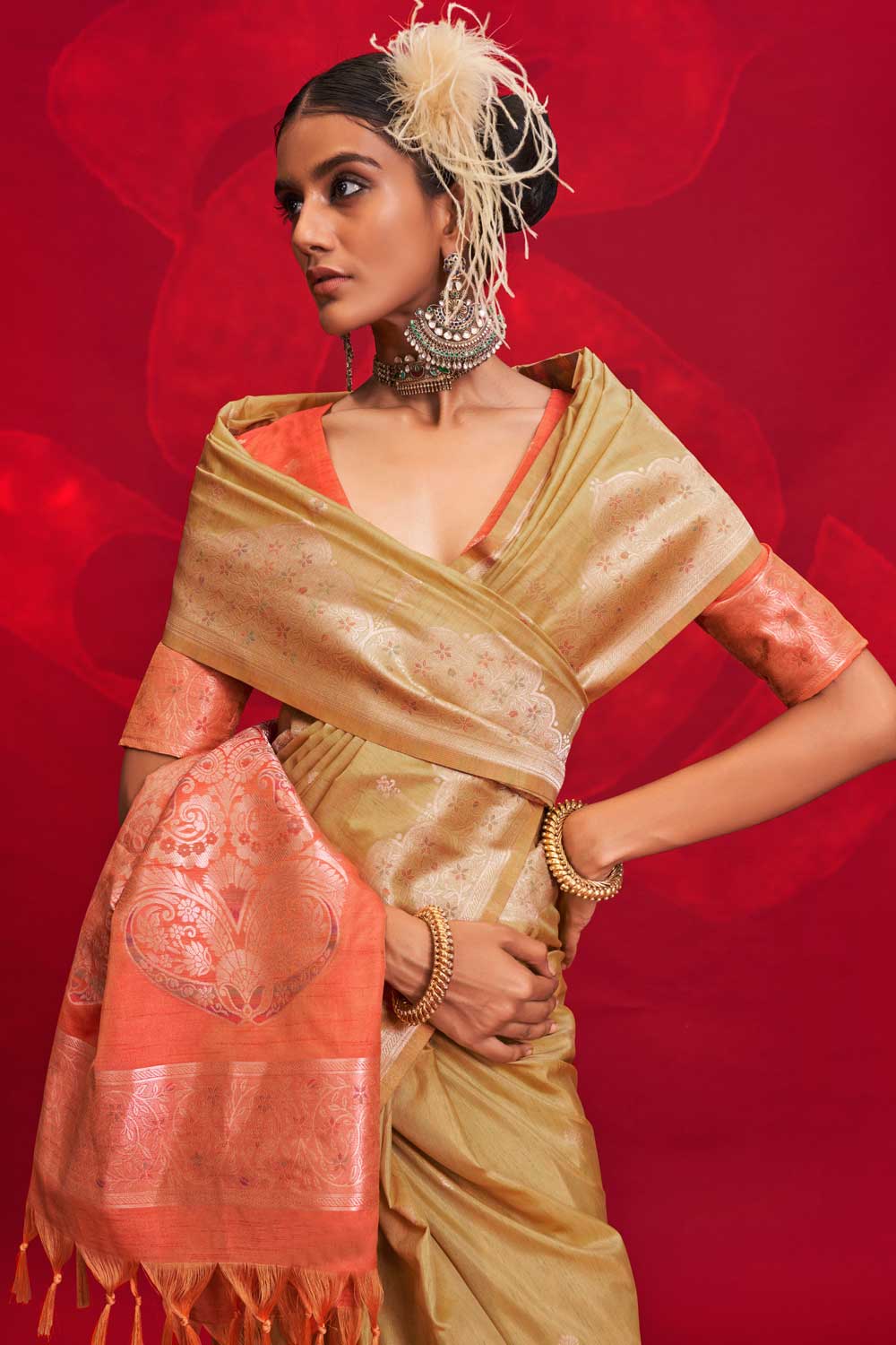 Imposing Art Silk Handloom Weaving Saree In Beige Color | Buy Online India