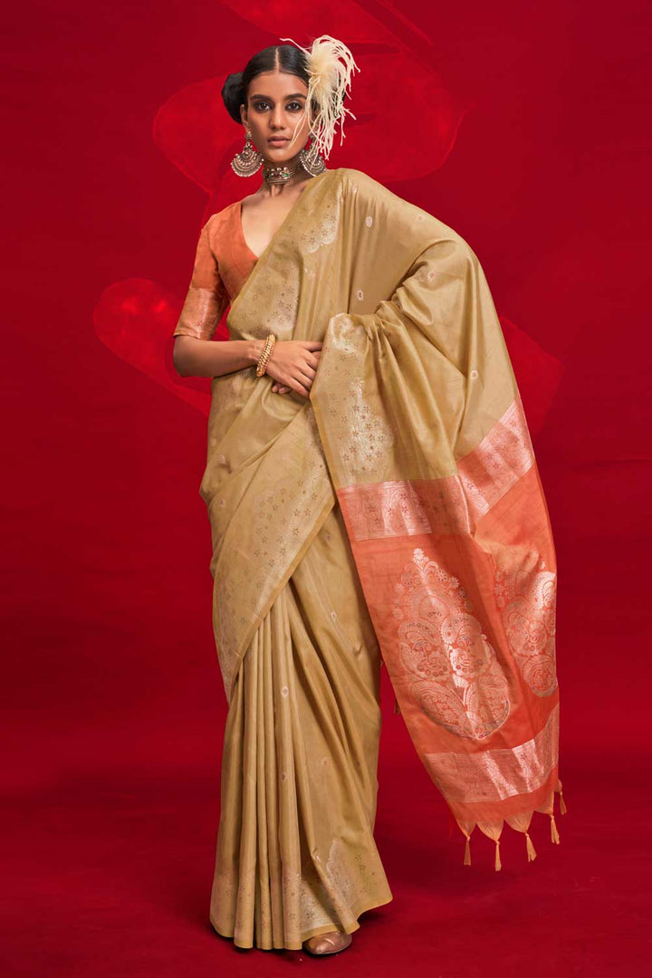 Imposing Art Silk Handloom Weaving Saree In Beige Color | Buy Online India