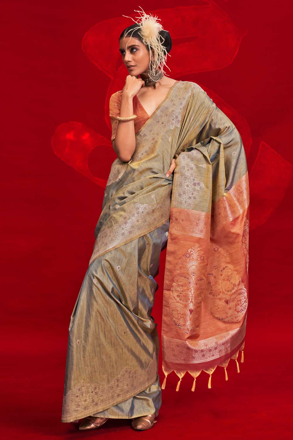 Grey Color Glorious Art Silk Handloom Weaving Saree | Buy Online India