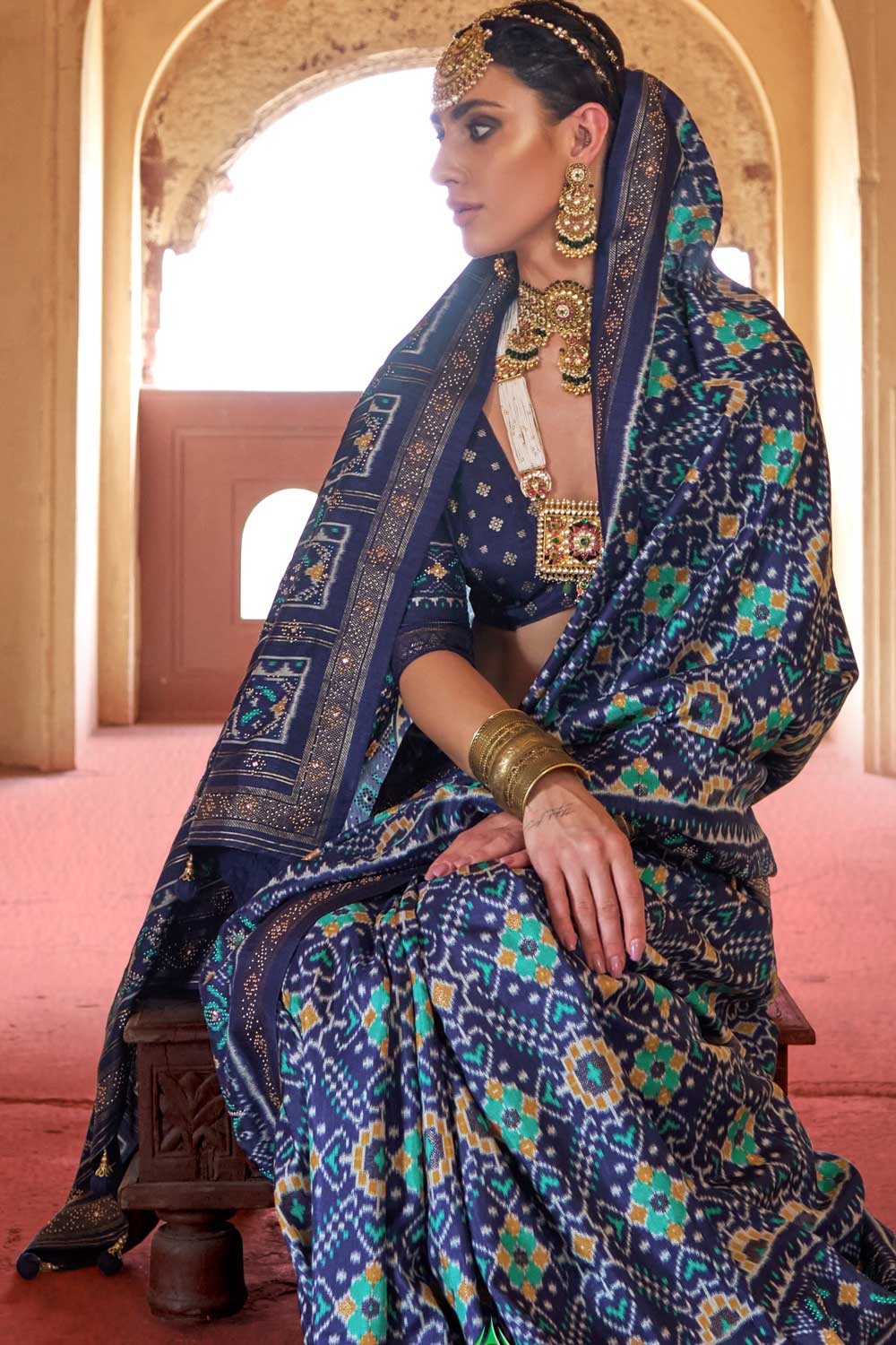 Art Silk Fabric Patola Printed Saree In Navy Blue Color | Buy Online India