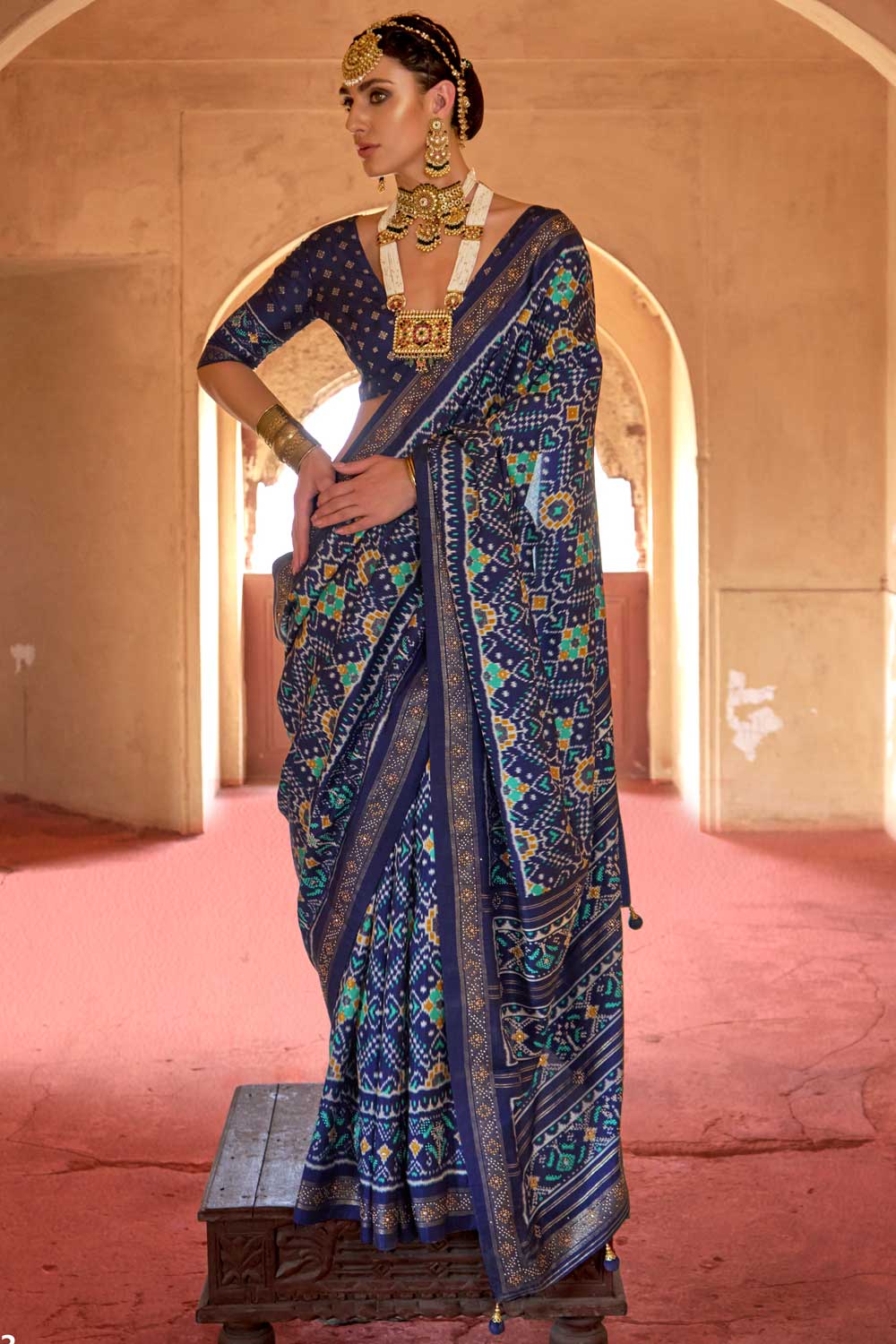 Art Silk Fabric Patola Printed Saree In Navy Blue Color | Buy Online India