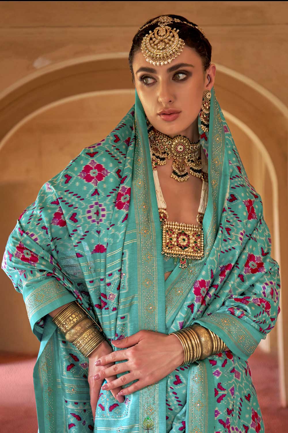 Cyan Color Art Silk Fabric Patola Printed Saree For Festive | Buy Online India