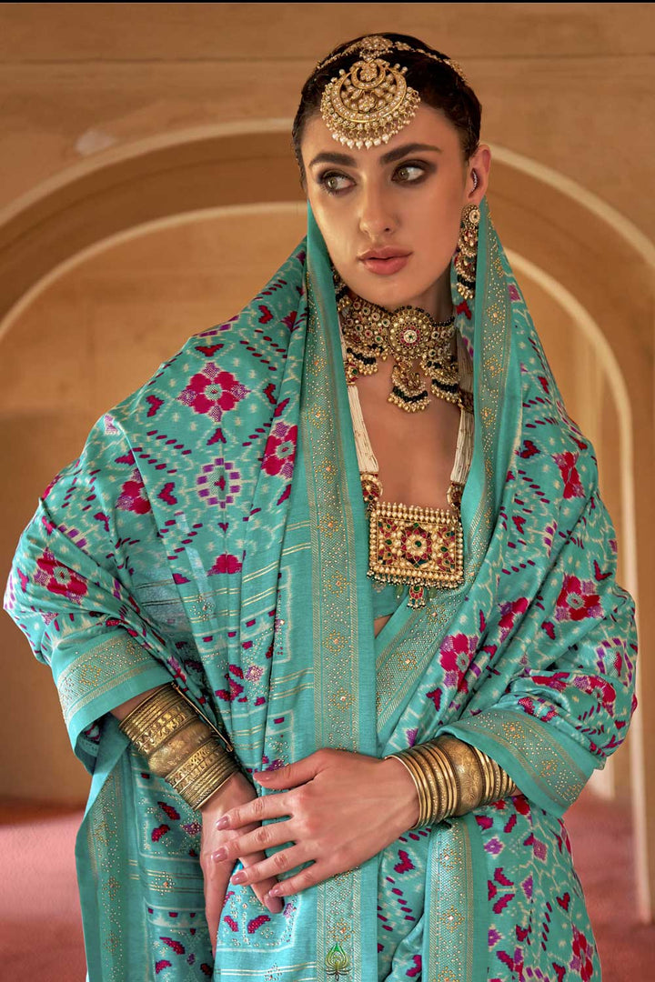 Cyan Color Art Silk Fabric Patola Printed Saree For Festive | Buy Online India