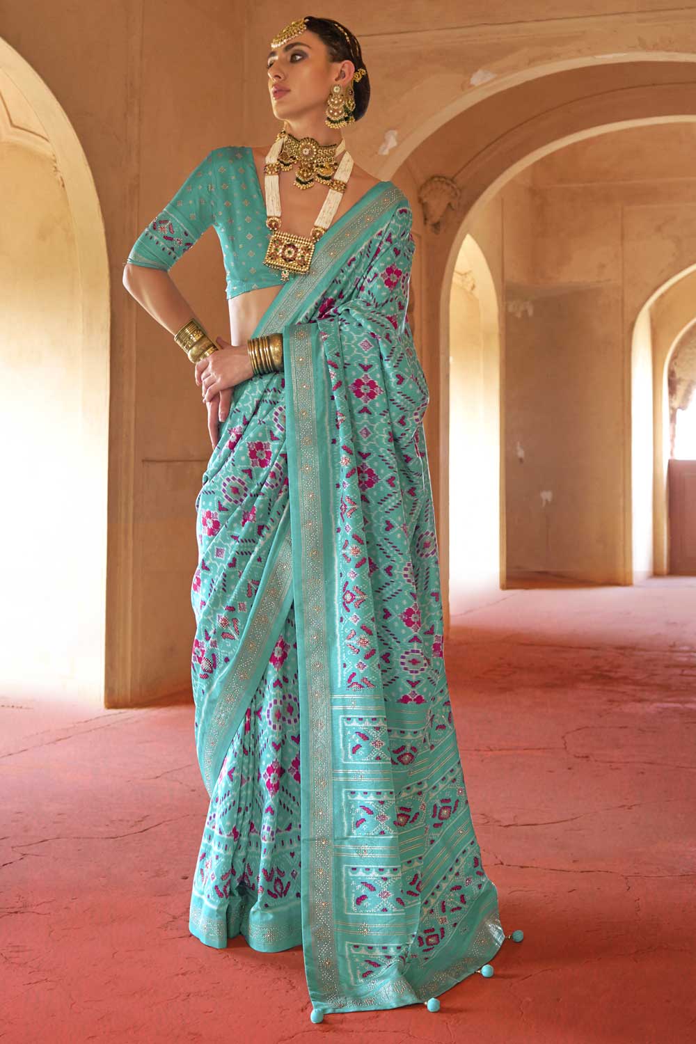 Cyan Color Art Silk Fabric Patola Printed Saree For Festive | Buy Online India