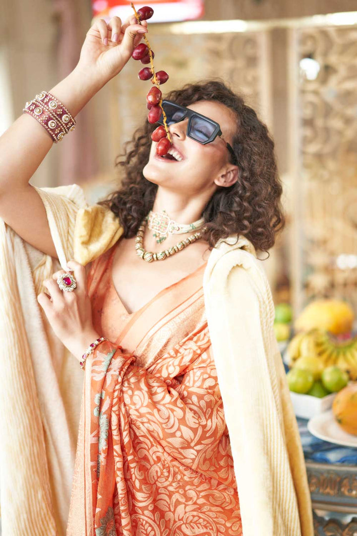 Georgette Fabric Printed Saree In Peach Color | Buy Online India