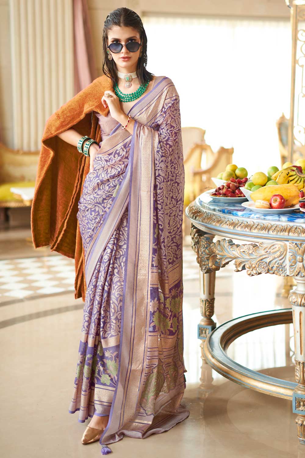 Lavender Color Georgette Fabric Printed Saree For Festival | Buy Online India
