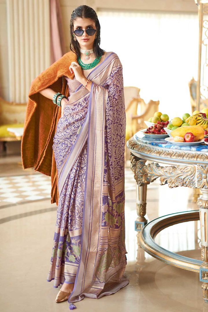 Lavender Color Georgette Fabric Printed Saree For Festival | Buy Online India