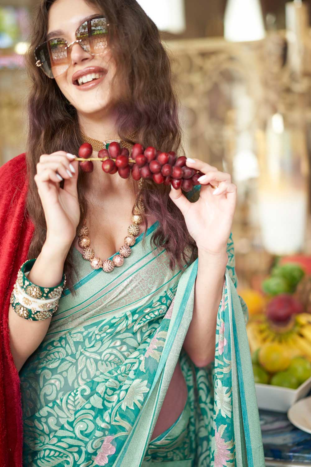 Festive Look Georgette Fabric Printed Saree In Cyan Color | Buy Online India