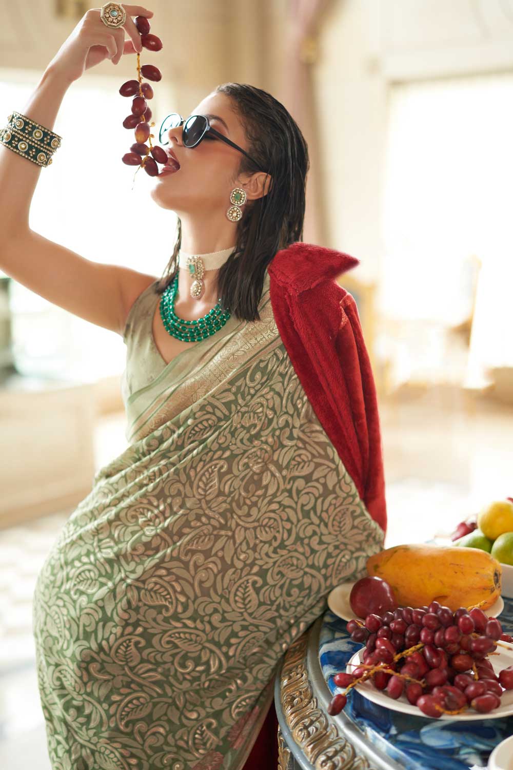 Georgette Fabric Sea Green Color Printed Festive Saree | Buy Online India