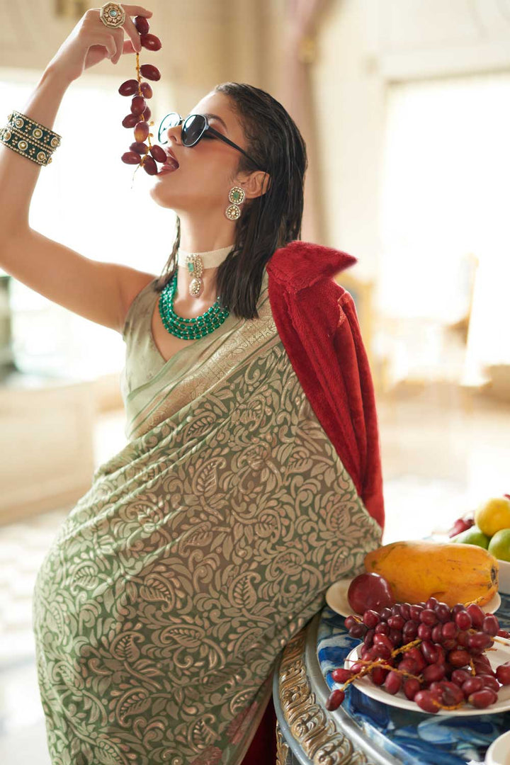 Georgette Fabric Sea Green Color Printed Festive Saree | Buy Online India