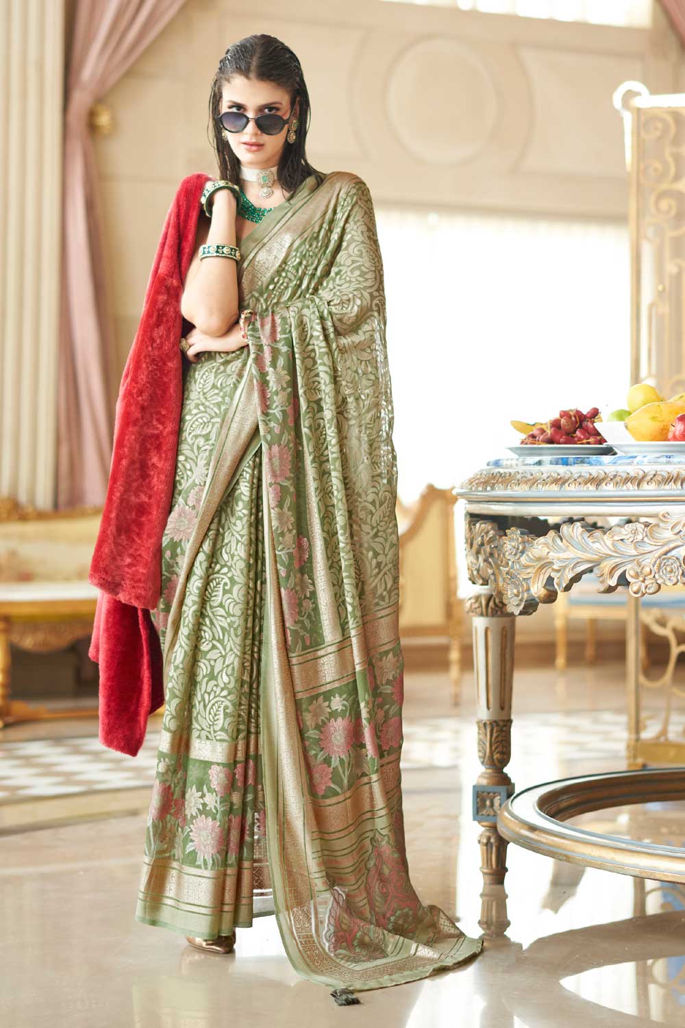 Georgette Fabric Sea Green Color Printed Festive Saree | Buy Online India