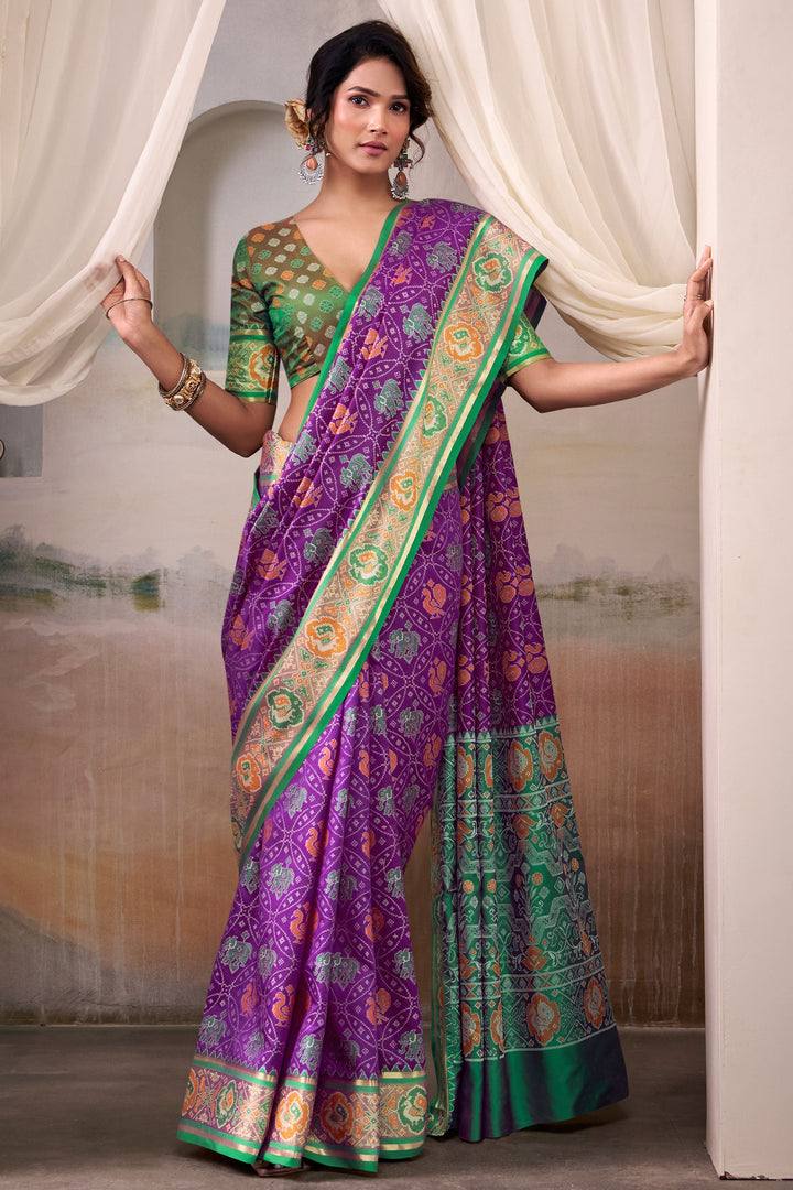 Festive Look Purple Color Stylish Patola Printed Silk Saree | Buy Online India