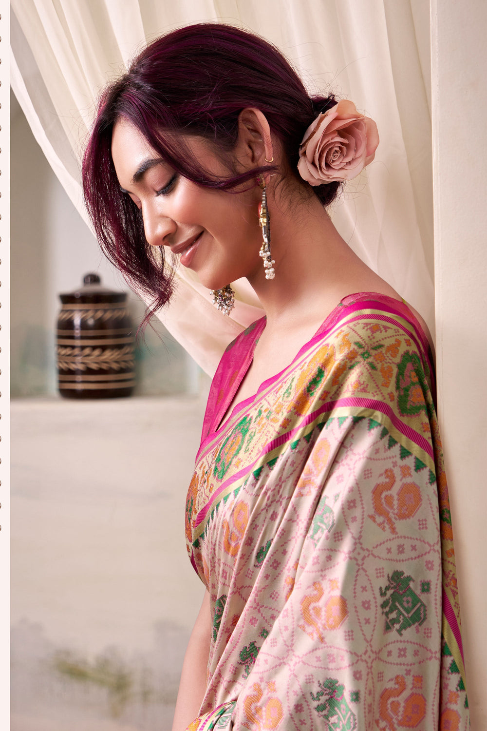 Festive Look Beige Color Beatific Patola Printed Silk Saree | Buy Online India