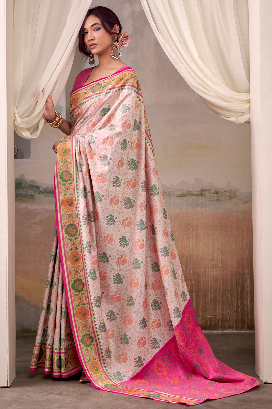 Festive Look Beige Color Beatific Patola Printed Silk Saree | Buy Online India