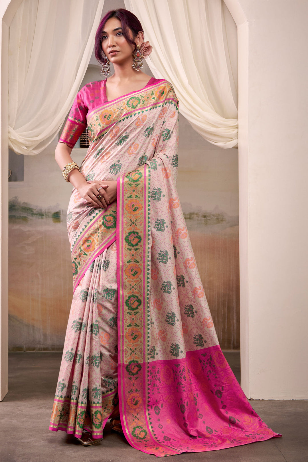 Festive Look Beige Color Beatific Patola Printed Silk Saree | Buy Online India