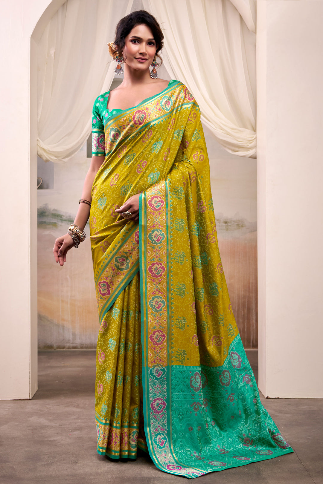 Fabulous Festive Look Mehendi Green Color Patola Printed Silk Saree | Buy Online India