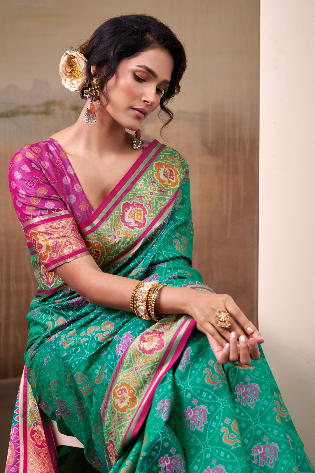 Festive Look Captivating Sea Green Color Patola Printed Silk Saree | Buy Online India
