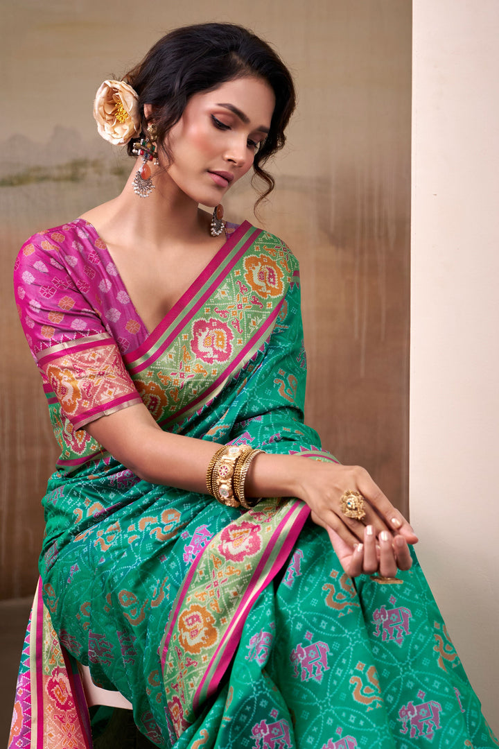 Festive Look Captivating Sea Green Color Patola Printed Silk Saree | Buy Online India