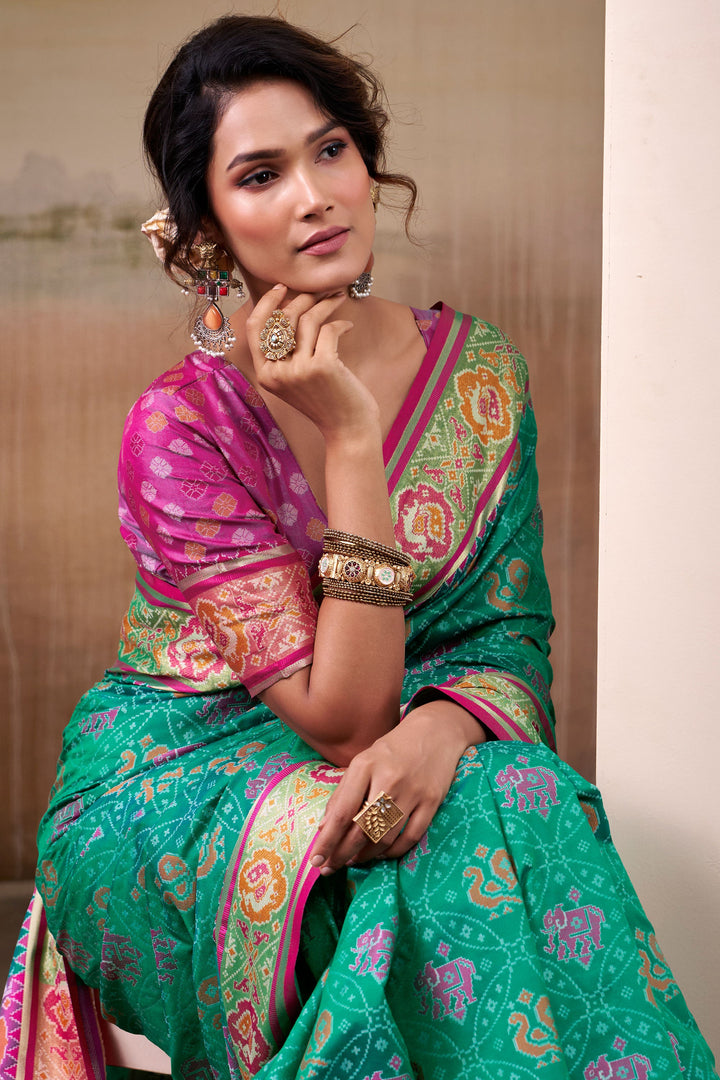 Festive Look Captivating Sea Green Color Patola Printed Silk Saree | Buy Online India