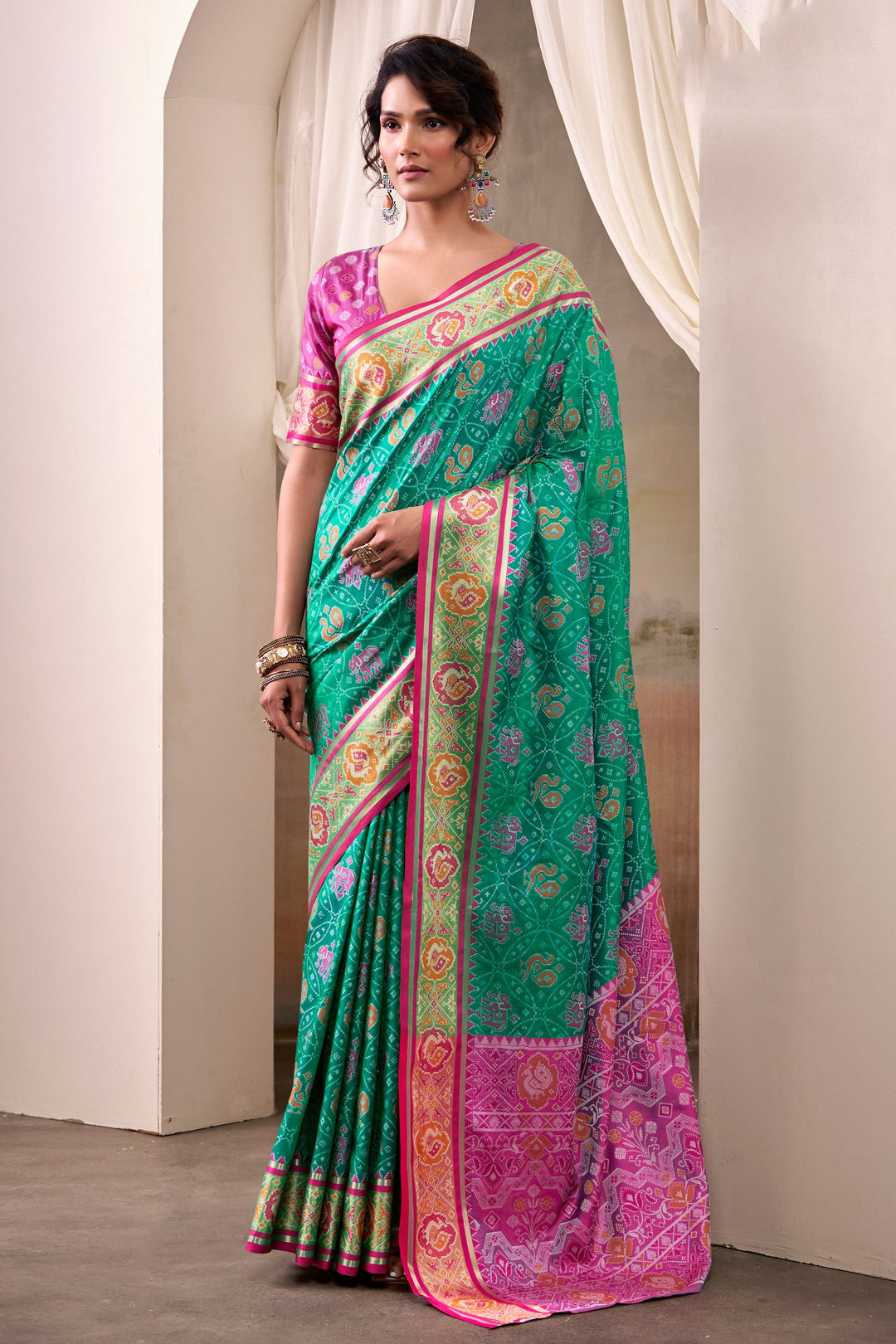 Festive Look Captivating Sea Green Color Patola Printed Silk Saree | Buy Online India