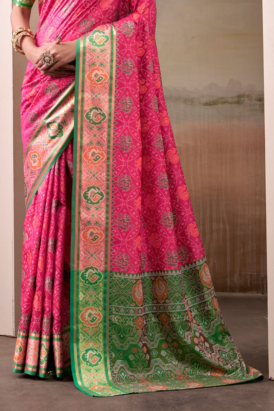 Festive Look Pink Color Gorgeous Patola Printed Silk Saree | Buy Online India