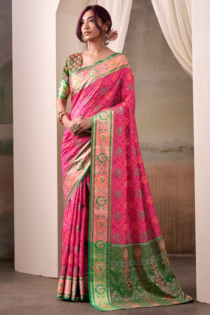 Festive Look Pink Color Gorgeous Patola Printed Silk Saree | Buy Online India