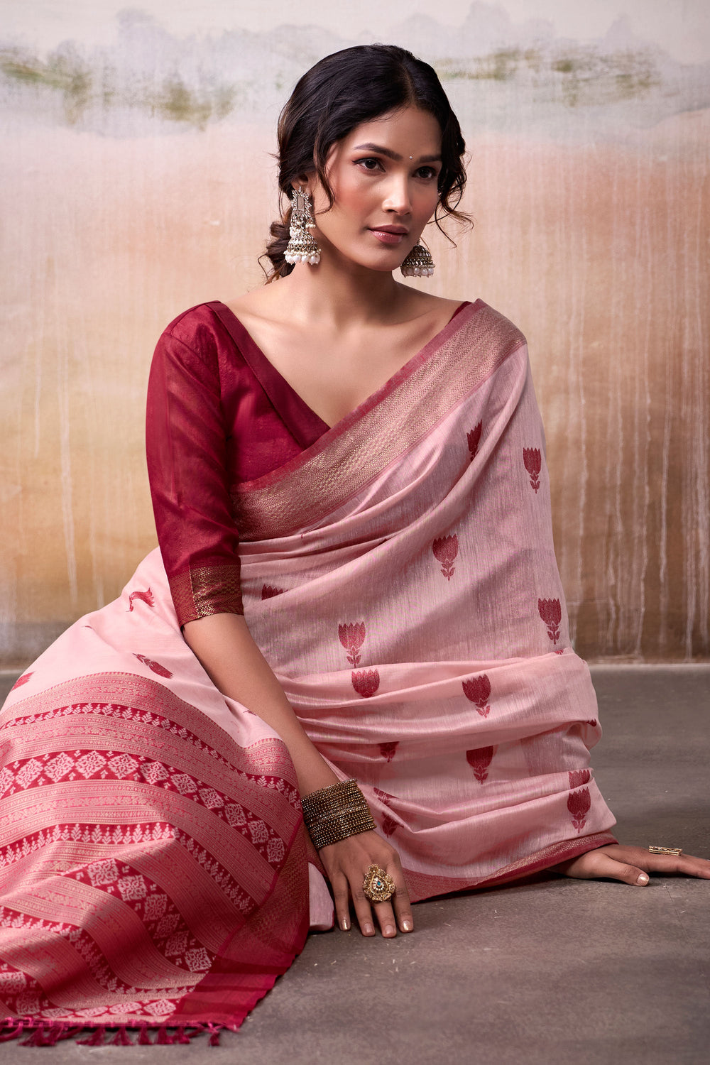 Awesome Weaving Work On Peach Color Cotton Silk Saree | Buy Online India