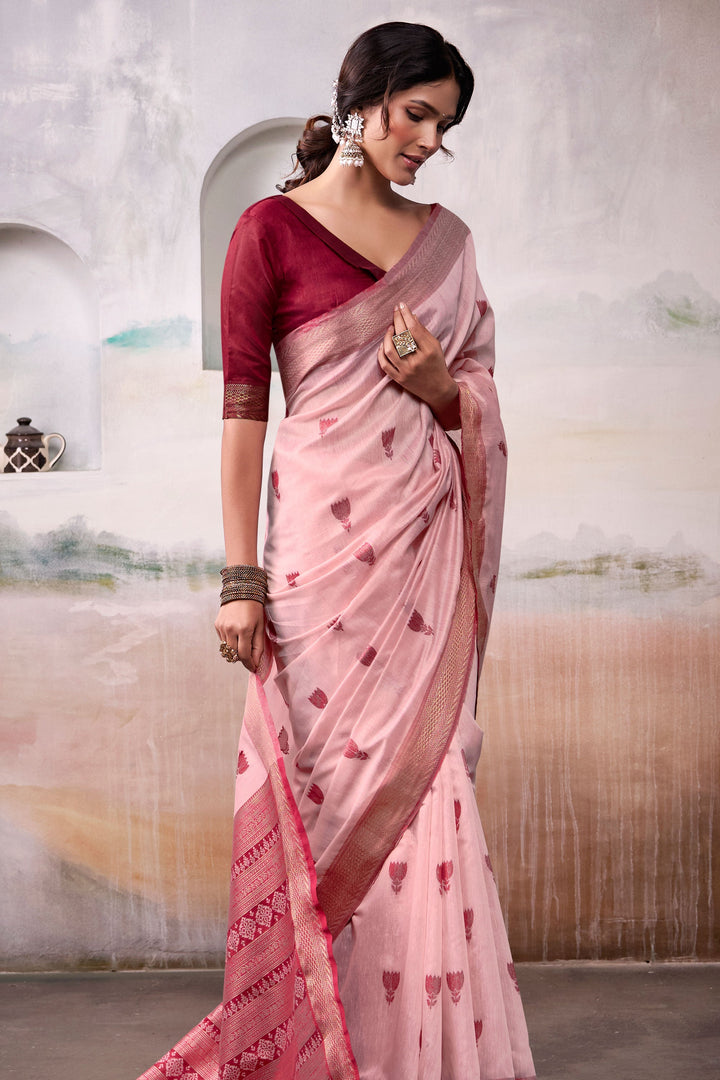 Awesome Weaving Work On Peach Color Cotton Silk Saree | Buy Online India