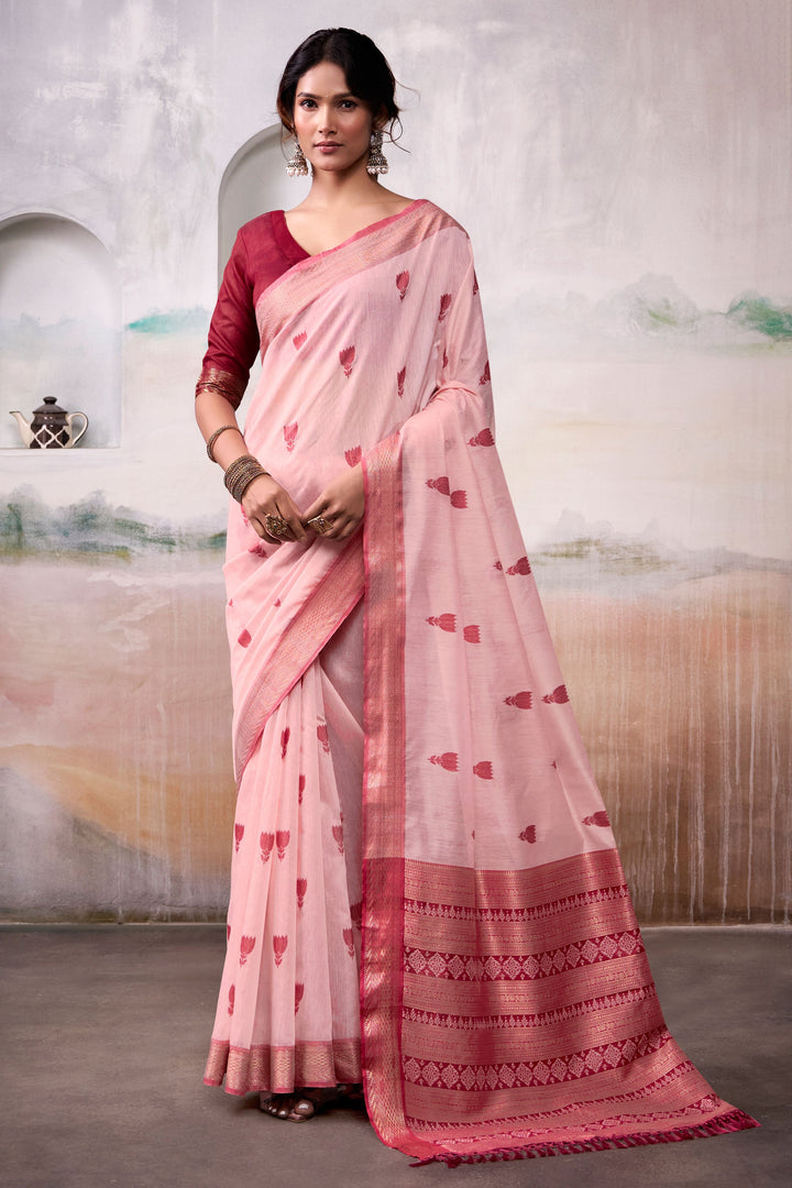 Awesome Weaving Work On Peach Color Cotton Silk Saree | Buy Online India