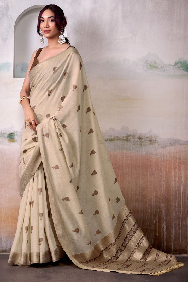 Tempting Beige Color Cotton Silk Saree With Weaving Work | Buy Online India