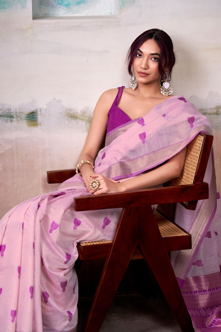 Engaging Pink Color Cotton Silk Saree With Weaving Work | Buy Online India