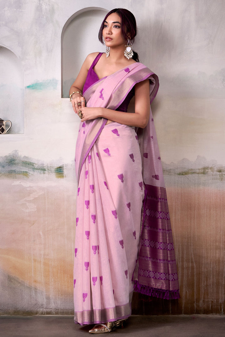 Engaging Pink Color Cotton Silk Saree With Weaving Work | Buy Online India