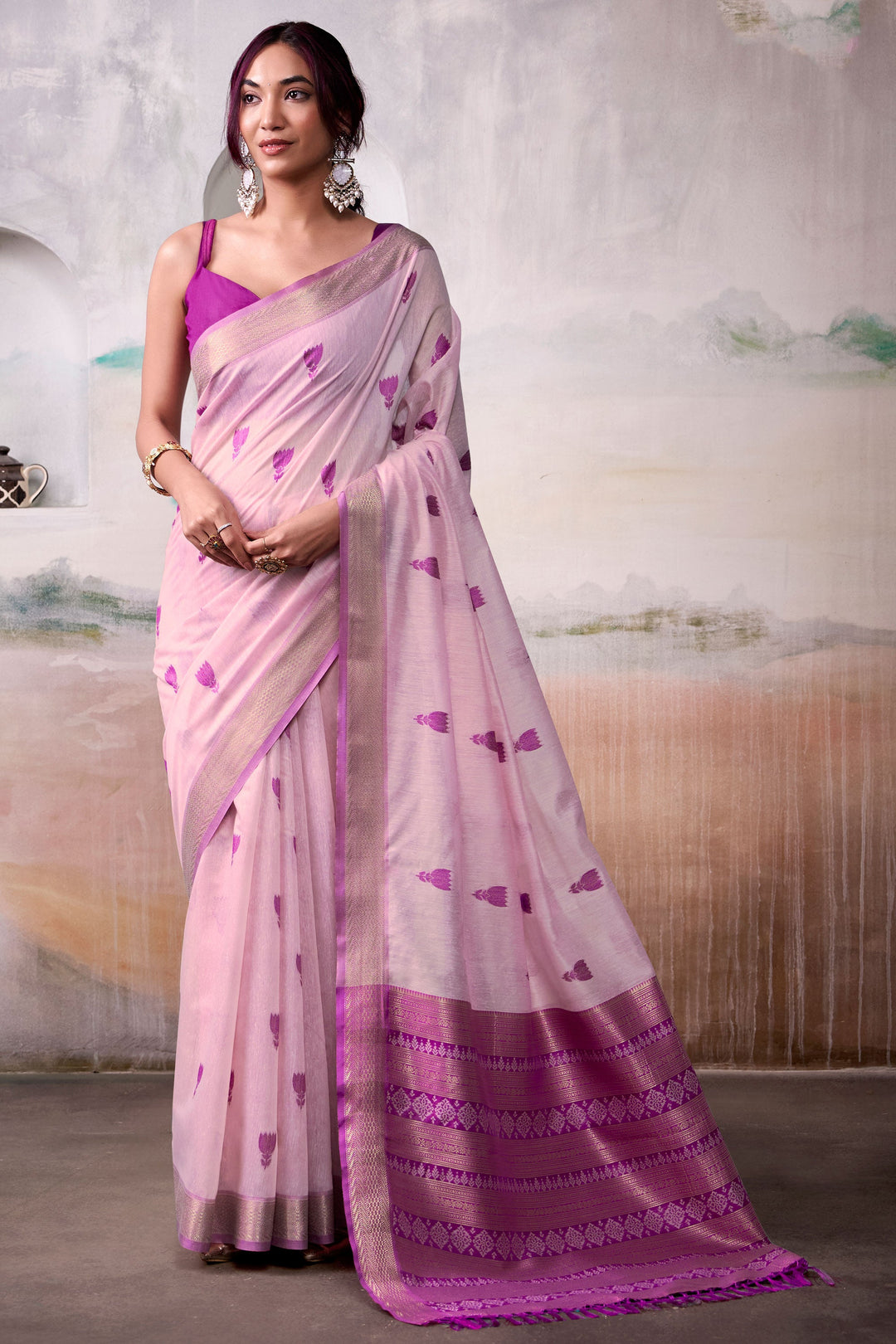 Engaging Pink Color Cotton Silk Saree With Weaving Work | Buy Online India