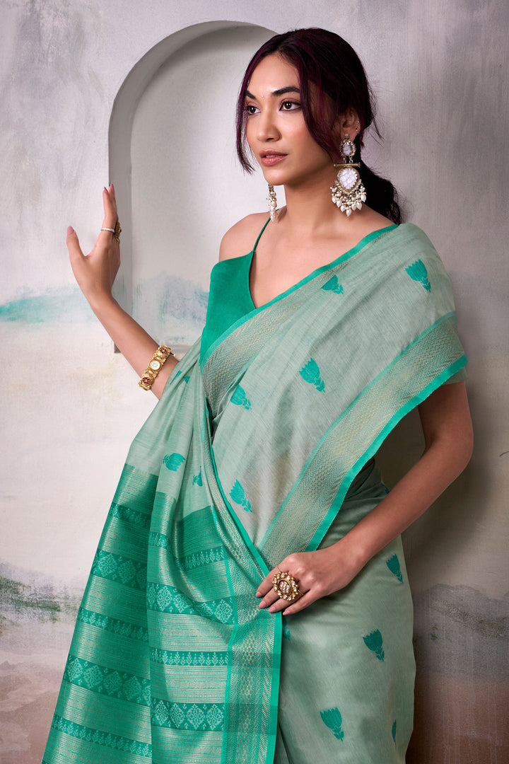 Sea Green Color Cotton Silk Saree With Winsome Weaving Work | Buy Online India