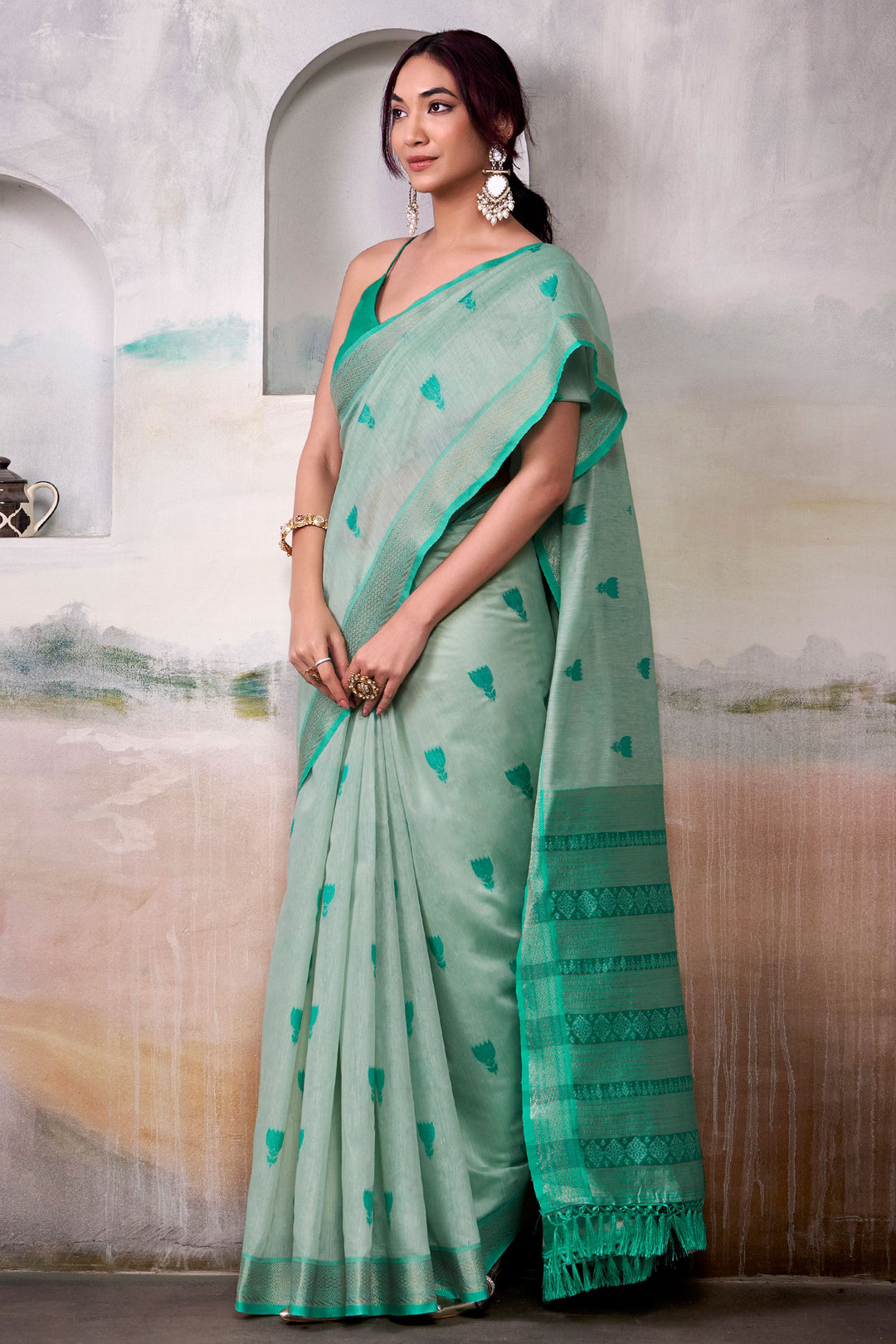 Sea Green Color Cotton Silk Saree With Winsome Weaving Work | Buy Online India