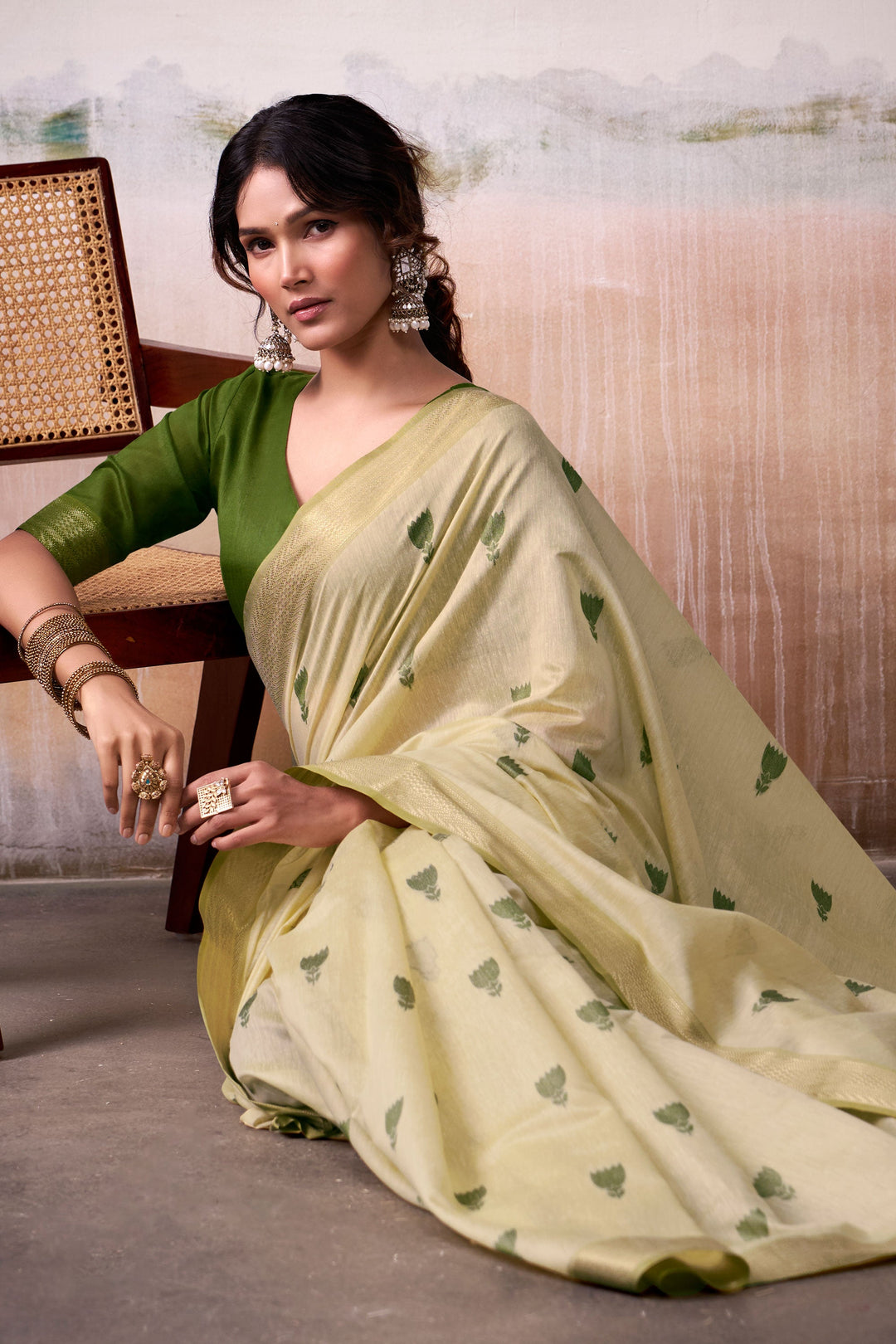 Weaving Work On Glamorous Cotton Silk Saree In Yellow Color | Buy Online India