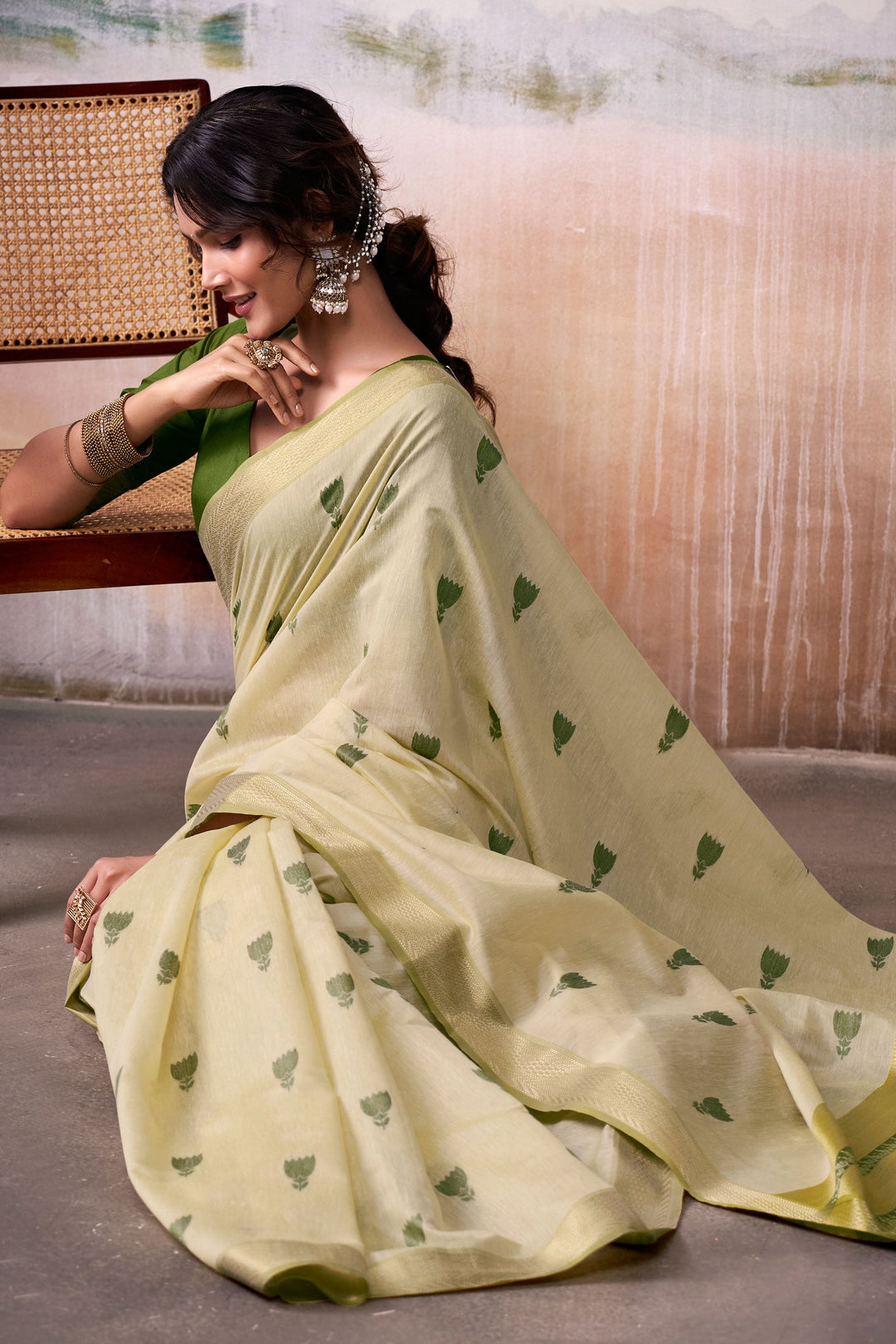 Weaving Work On Glamorous Cotton Silk Saree In Yellow Color | Buy Online India